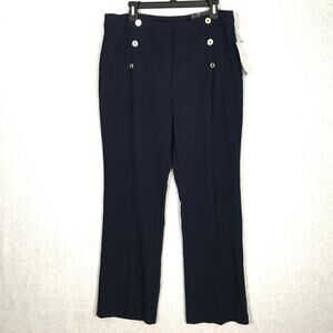 Nine West Pants Women 14 Navy Blue Trouser Sailor Nautical Academia Gold Button